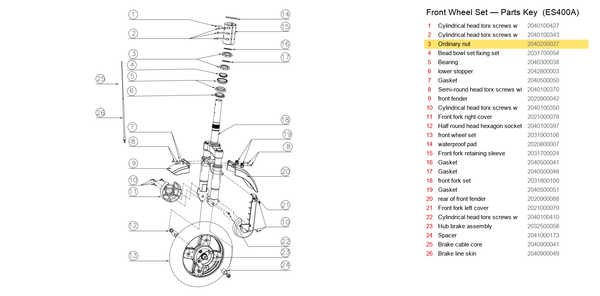 Front Wheel Set exploded diagram + parts key — ES400/600 OCTOGONAL NUT highlighted (OKAI ES400)
