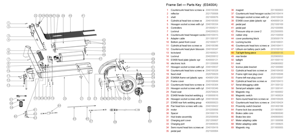Frame Set exploded diagram + parts key — ES400A/B REFLECTOR STICKER highlighted (OKAI ES400)