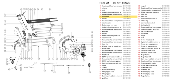 Frame Set exploded diagram + parts key — ES400A CONTROLLER highlighted (OKAI ES400)