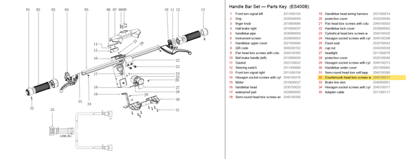 Handlebar Set exploded diagram + parts key — ES400/600 INDICATOR LIGHT MOUNTING SCREW highlighted (OKAI ES400)