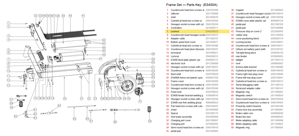 Frame Set exploded diagram + parts key — ES400A LOCKING NUT highlighted (OKAI ES400)