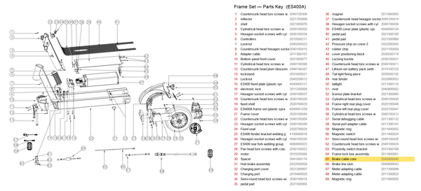 Frame Set exploded diagram + parts key — ES400A REAR BRAKE CABLE highlighted (OKAI ES400)