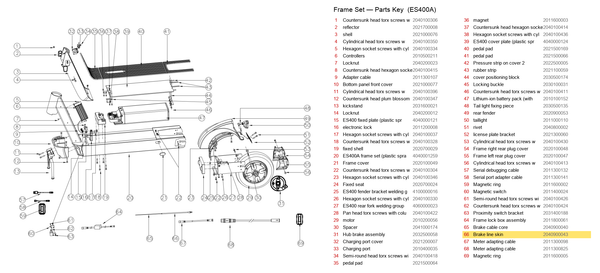 Frame Set exploded diagram + parts key — ES400A REAR BRAKE CABLE HOUSING highlighted (OKAI ES400)