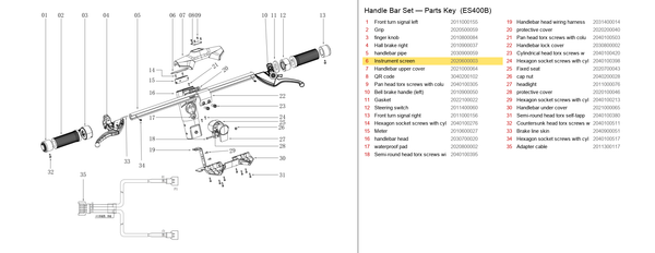 Handlebar Set exploded diagram + parts key — ES400A/B DISPLAY COVER highlighted (OKAI ES400)
