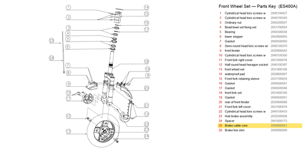 Front Wheel Set exploded diagram + parts key — ES400A/B FRONT BRAKE CABLE highlighted (OKAI ES400)