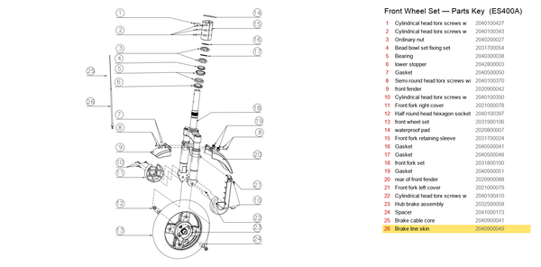 Front Wheel Set exploded diagram + parts key — ES400A/B FRONT BRAKE CABLE HOUSING highlighted (OKAI ES400)