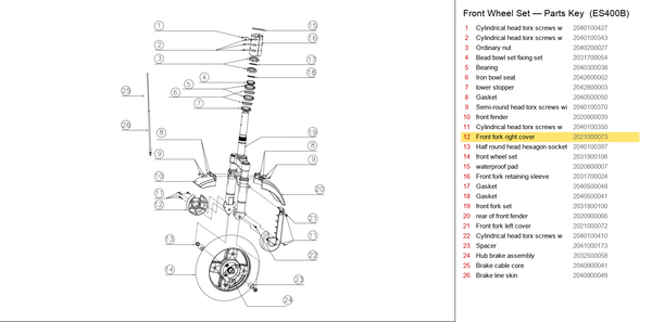 Front Wheel Set exploded diagram + parts key — Okai ES400 FRONT FORK COVER highlighted (OKAI ES400)