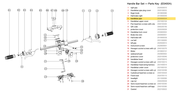 Handlebar Set exploded diagram + parts key — ES400A/B HANDLEBAR highlighted (OKAI ES400)