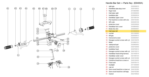 Handlebar Set exploded diagram + parts key — Okai ES400A/B LEFT BRAKE LEVER / HANDLE highlighted (OKAI ES400)