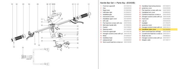 Handlebar Set exploded diagram + parts key — ES400A/B LOWER HANDLEBAR COVER highlighted (OKAI ES400)