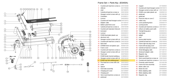 Frame Set exploded diagram + parts key — ES400A/B REAR FORKS highlighted (OKAI ES400)