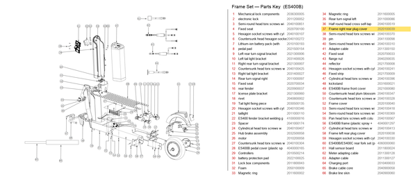 Frame Set exploded diagram + parts key — ES400A/B REAR LEFT COVER highlighted (OKAI ES400)