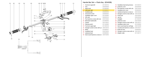 Handlebar Set exploded diagram + parts key — Okai ES400A/B RIGHT BRAKE LEVER / HANDLE highlighted (OKAI ES400)