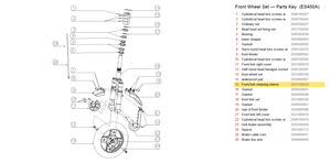 Front Wheel Set exploded diagram + parts key — ES400A/B UPPER FRONT FORK SLEEVE highlighted (OKAI ES400)
