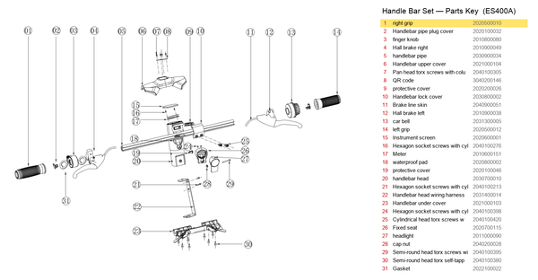 Handlebar Set exploded diagram + parts key — OKAI ES400 Right Grip highlighted (OKAI ES400)