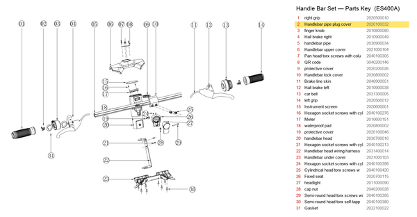 Handlebar Set exploded diagram + parts key — OKAI ES400 Handlebar Pipe Plug Cover highlighted (OKAI ES400)