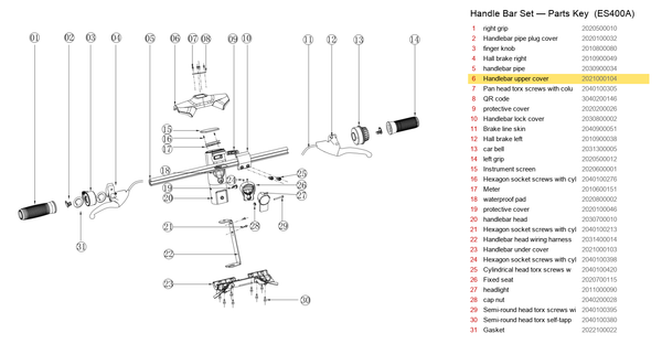 Handlebar Set exploded diagram + parts key — OKAI ES400 Handlebar Upper Cover highlighted (OKAI ES400)