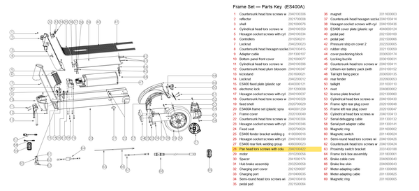 Frame Set exploded diagram + parts key — OKAI ES400 Pan Head Torx Screws with Column highlighted (OKAI ES400)