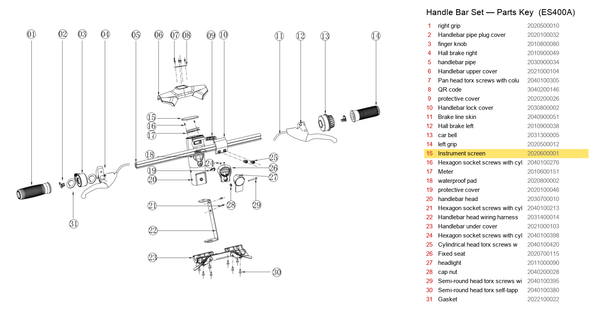 Handlebar Set exploded diagram + parts key — OKAI ES400 Instrument Screen highlighted (OKAI ES400)