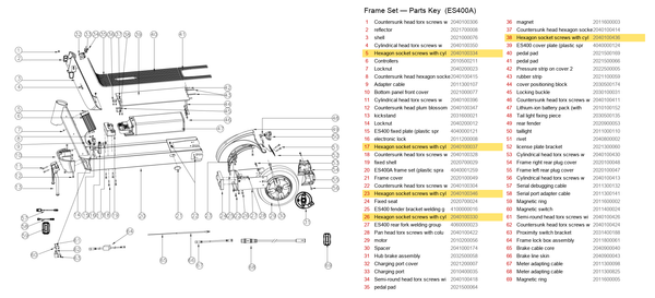 Frame Set exploded diagram + parts key — OKAI ES400 Hexagon Socket Screws with Cylindrical Head highlighted (OKAI ES400)