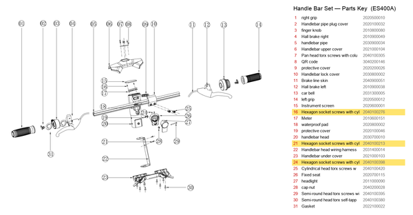 Handlebar Set exploded diagram + parts key — OKAI ES400 Hexagon Socket Screws with Cylindrical Head highlighted (OKAI ES400)