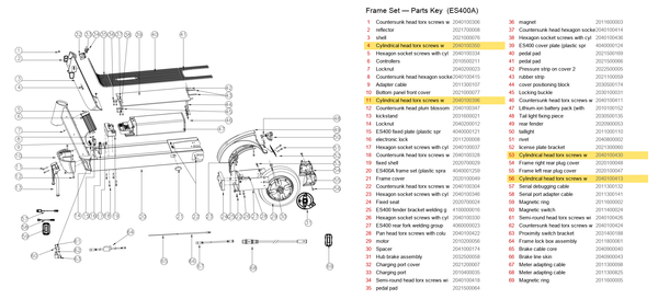 Frame Set exploded diagram + parts key — OKAI ES400 Cylindrical Head Torx Screws with Column highlighted (OKAI ES400)