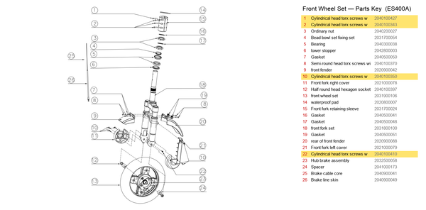 Front Wheel Set exploded diagram + parts key — OKAI ES400 Cylindrical Head Torx Screws with Column highlighted (OKAI ES400)
