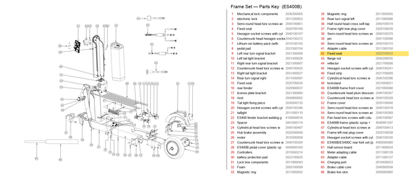 Frame Set exploded diagram + parts key — OKAI ES400 Fixed Seat highlighted (OKAI ES400)