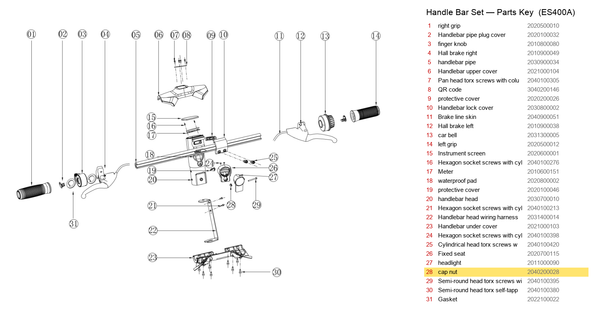 Handlebar Set exploded diagram + parts key — OKAI ES400 Cap Nut highlighted (OKAI ES400)