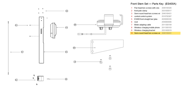 Stem / Folding Set exploded diagram + parts key — OKAI ES400 Semi-Round Head Torx Screws with Column highlighted (OKAI ES400)