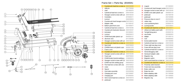 Frame Set exploded diagram + parts key — OKAI ES400 Countersunk Head Torx Screws with Column highlighted (OKAI ES400)