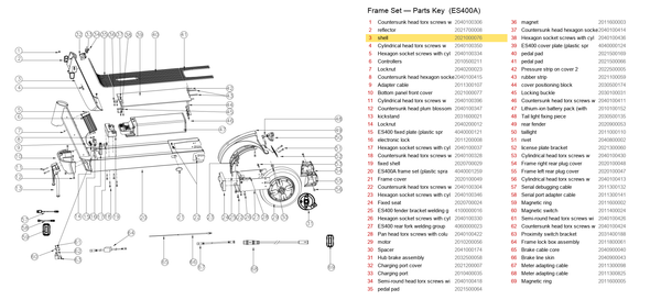 Frame Set exploded diagram + parts key — OKAI ES400 Shell highlighted (OKAI ES400)