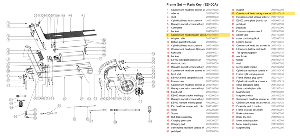 Frame Set exploded diagram + parts key — OKAI ES400 Countersunk Head Hexagon Socket Screws highlighted (OKAI ES400)