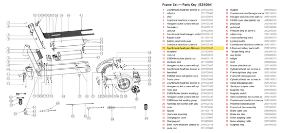 Frame Set exploded diagram + parts key — OKAI ES400 Countersunk Head Plum Blossom Self-Tapping Screws with Column highlighted (OKAI ES400)