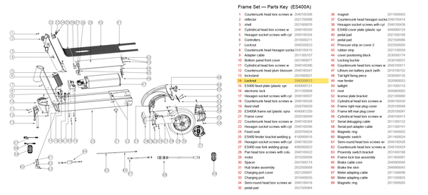 Frame Set exploded diagram + parts key — OKAI ES400 Locknut highlighted (OKAI ES400)