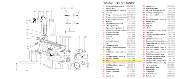 Frame Set exploded diagram + parts key — OKAI ES400 Motor highlighted (OKAI ES400)