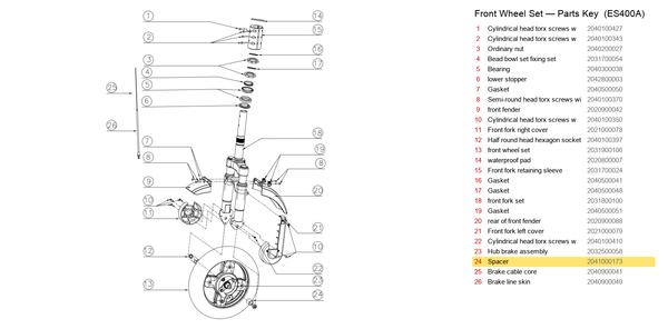 Front Wheel Set exploded diagram + parts key — OKAI ES400 Spacer highlighted (OKAI ES400)