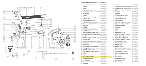 Frame Set exploded diagram + parts key — OKAI ES400 Hub Brake Assembly highlighted (OKAI ES400)
