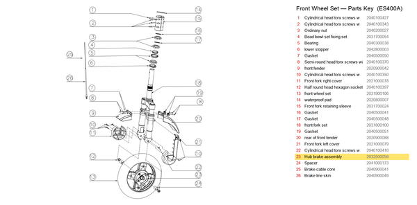 Front Wheel Set exploded diagram + parts key — OKAI ES400 Hub Brake Assembly highlighted (OKAI ES400)