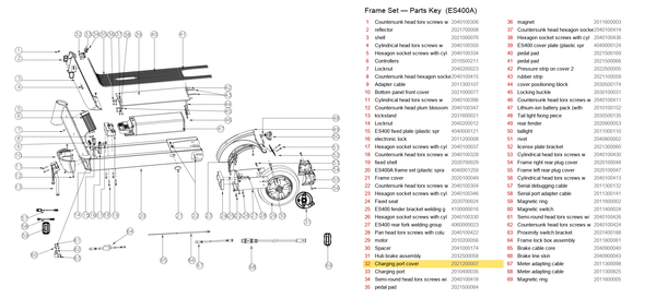 Frame Set exploded diagram + parts key — OKAI ES400 Charging Port Cover highlighted (OKAI ES400)