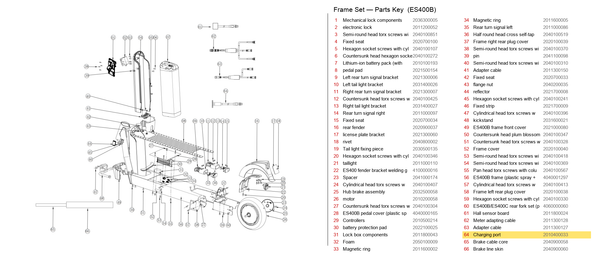 Frame Set exploded diagram + parts key — OKAI ES400 Charging Port highlighted (OKAI ES400)