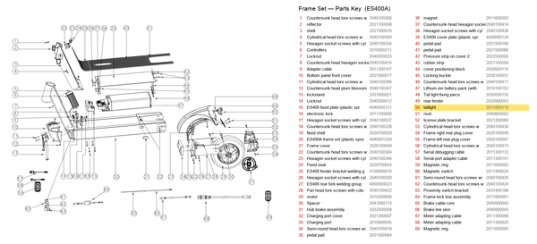 Frame Set exploded diagram + parts key — OKAI ES400 Tail light / Brake Light highlighted (OKAI ES400)