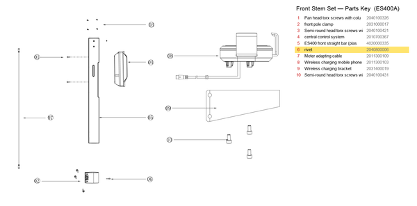 Stem / Folding Set exploded diagram + parts key — OKAI ES400 Rivet highlighted (OKAI ES400)