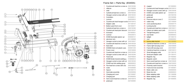 Frame Set exploded diagram + parts key — OKAI ES400 License Plate Bracket highlighted (OKAI ES400)