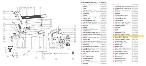 Frame Set exploded diagram + parts key — OKAI ES400 Frame Right Rear Plug Cover highlighted (OKAI ES400)