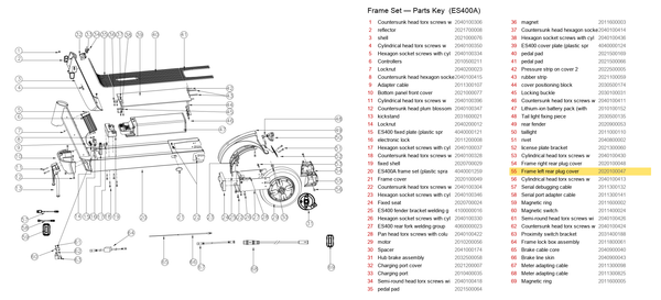 Frame Set exploded diagram + parts key — OKAI ES400 Frame Left Rear Plug Cover highlighted (OKAI ES400)