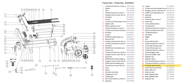 Frame Set exploded diagram + parts key — OKAI ES400 Proximity Switch Bracket highlighted (OKAI ES400)