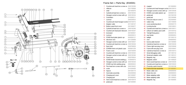 Frame Set exploded diagram + parts key — OKAI ES400 Frame Lock Box Assembly highlighted (OKAI ES400)