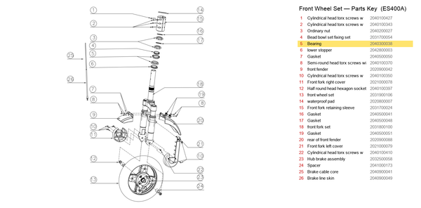 Front Wheel Set exploded diagram + parts key — OKAI ES400 Bearing highlighted (OKAI ES400)