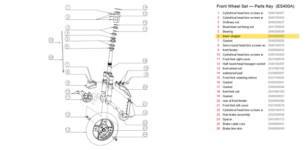 Front Wheel Set exploded diagram + parts key — OKAI ES400 Lower Stopper highlighted (OKAI ES400)